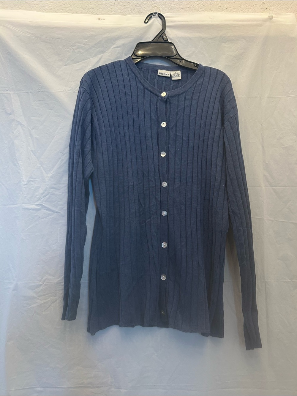 Merona Women’s Slate Blue Ribbed Button-Up Cardigan Sweater Sz L  100% Silk